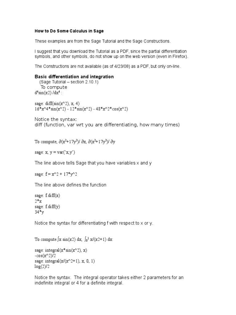 How To Do Some Calculus in Sage | PDF