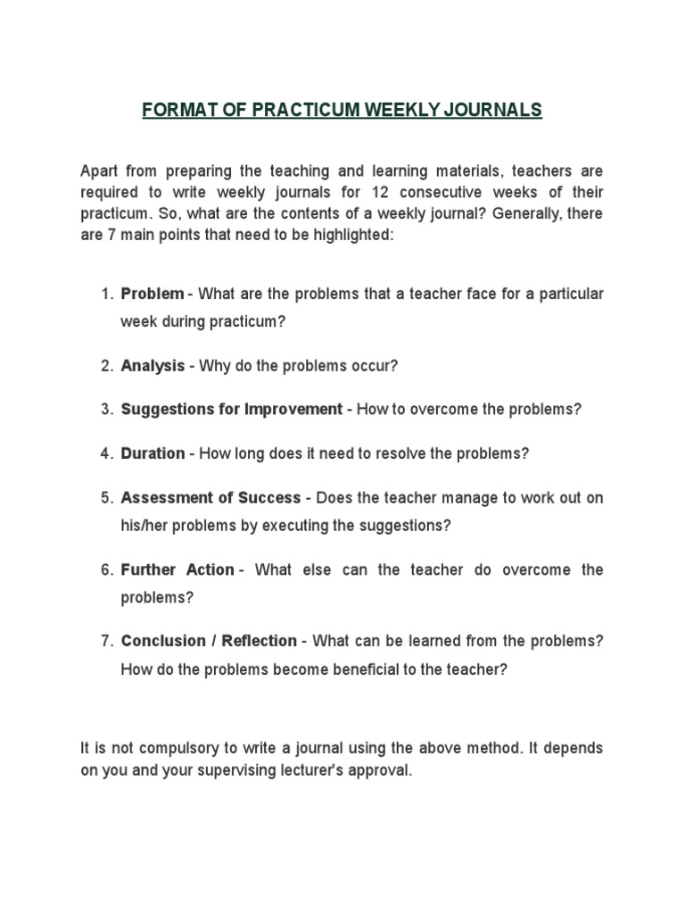 Weekly Journal Format for Practicum | PDF | Career & Growth | Business