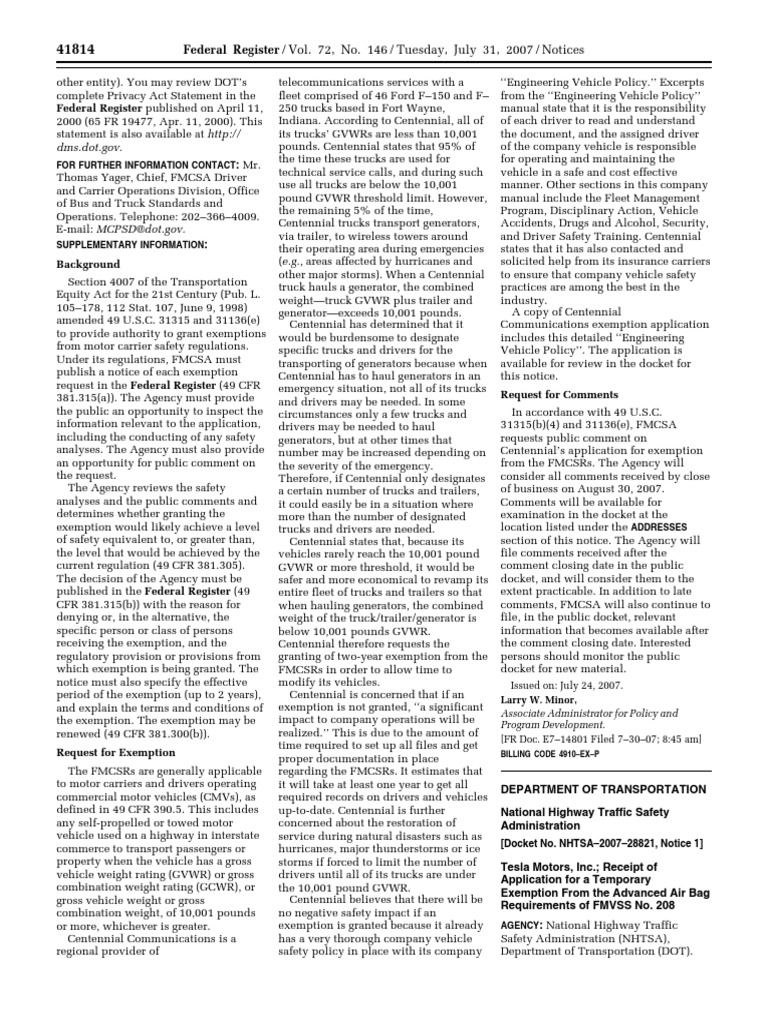 Centennial Communications Exemption Request | PDF | National Highway ...
