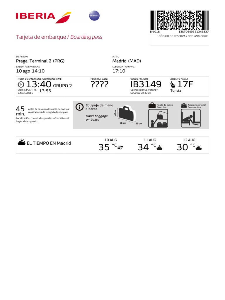 Iberia Tarjeta Embarque Vuelo Ib3149 de Prague Terminal 2 A Madrid | PDF