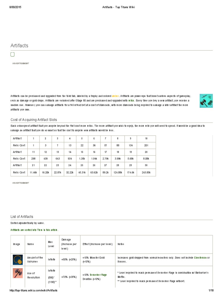 Artifacts Tap Titans PDF World Wide  & 