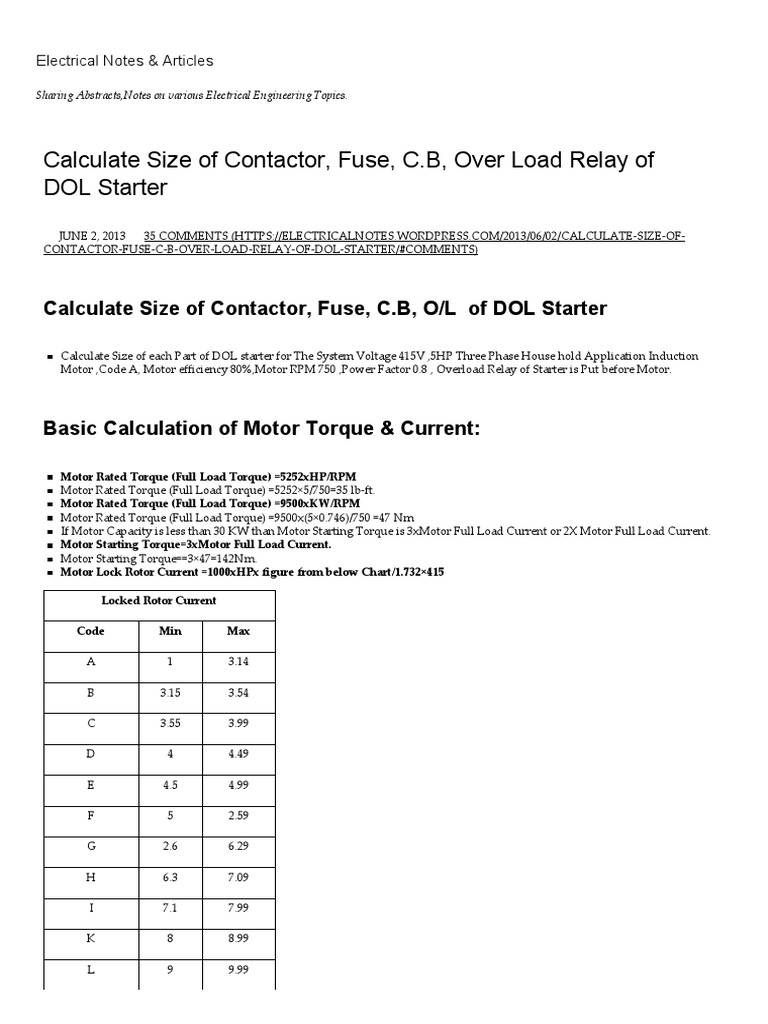 Calculate Size of Contactor, Fuse, C Relay Fuse (Electrical)