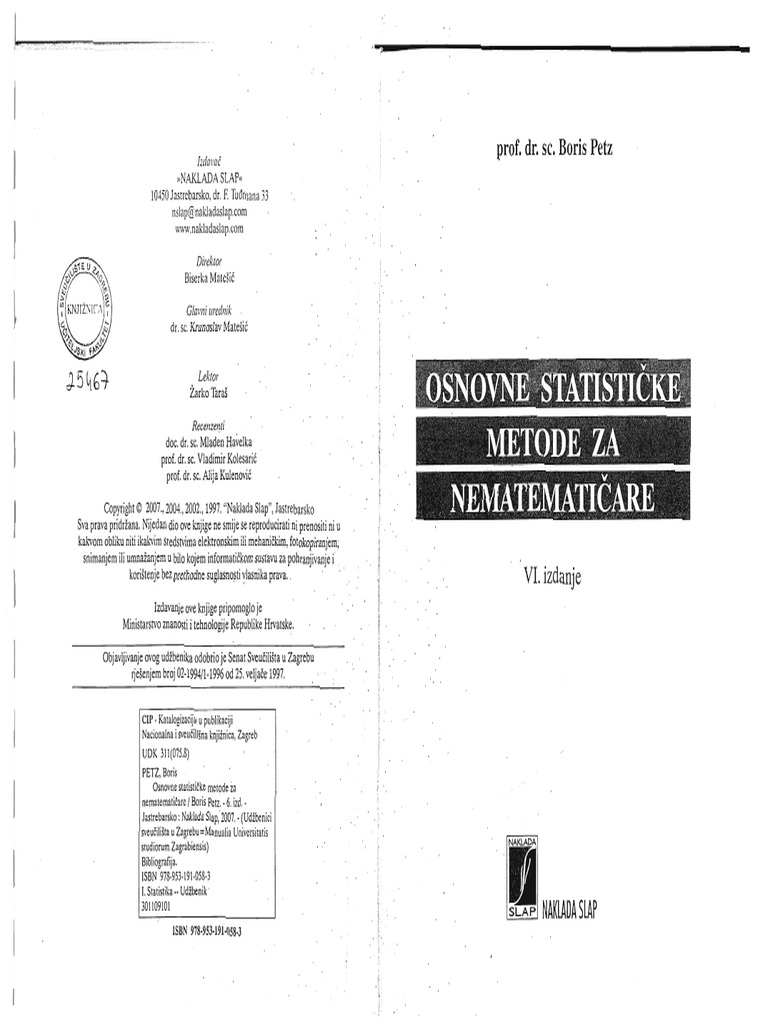 saki Osnovne Statisticke Metode Za Nematematicare Petz | PDF