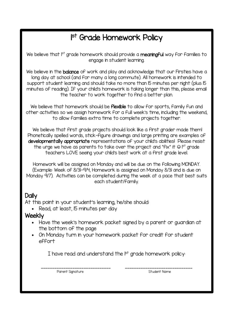 1st Grade Homework Guidelines and Policy | PDF | Wellness