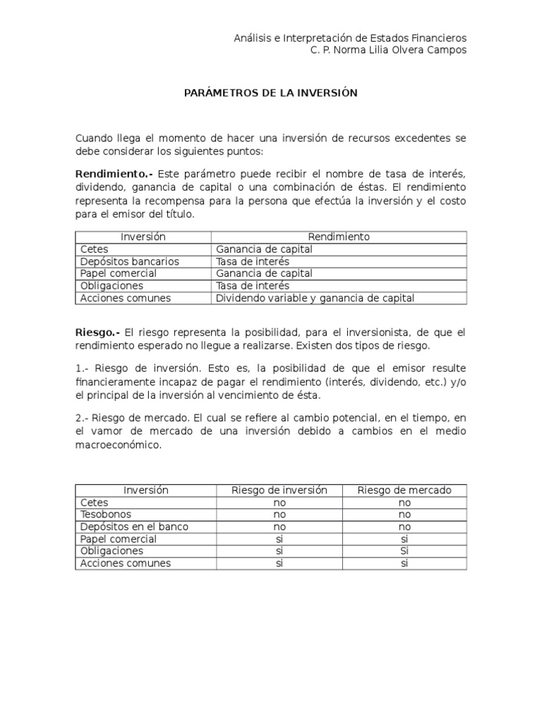 Parámetros Clave de Inversiones | PDF | Compartir (Finanzas) | Inversiones