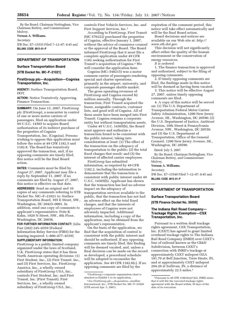 FirstGroup's Acquisition of Cognisa Approval | PDF | Government | Transport