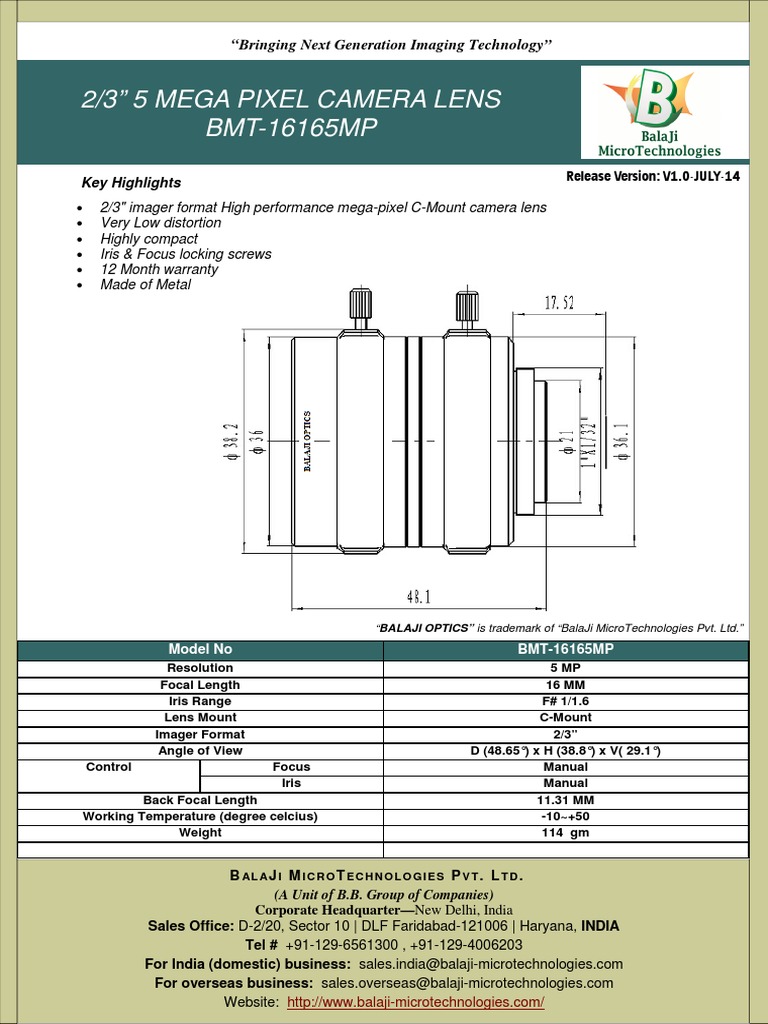 BMT-16165MP - 5 MP 16 MM Machine Vision Lens | PDF | Business | Computers