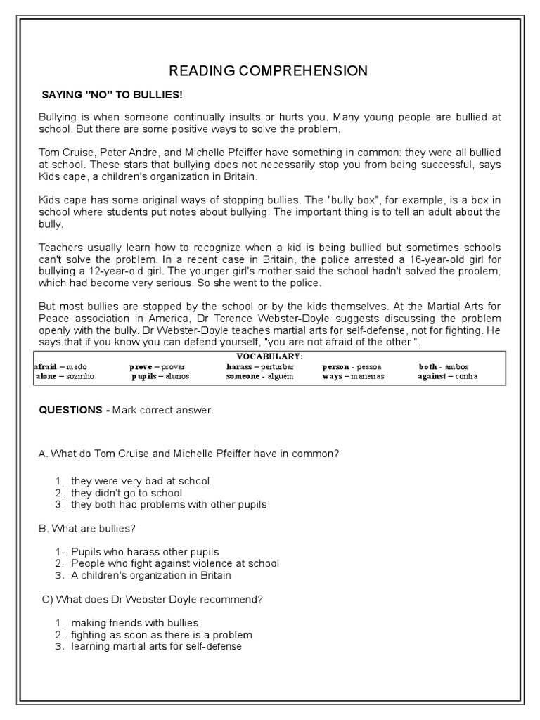Reading Comprehension: Bullying Solutions | PDF | Bullying | Reading ...