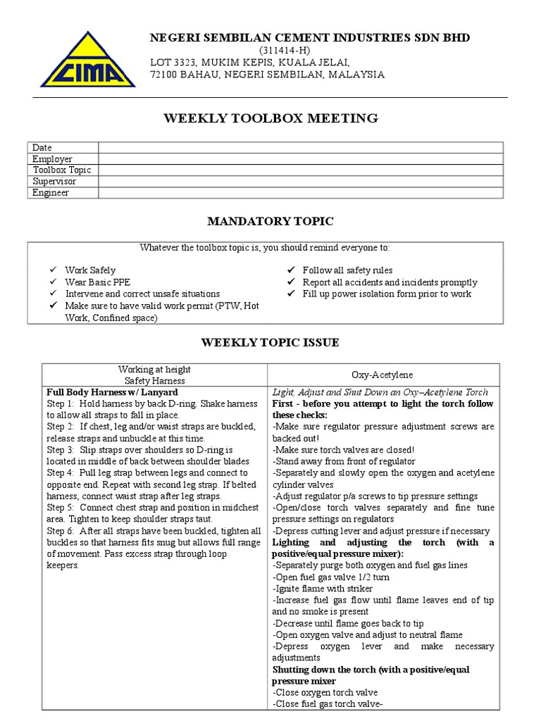 Toolbox Meeting Pdf Equipment Mechanical Engineering