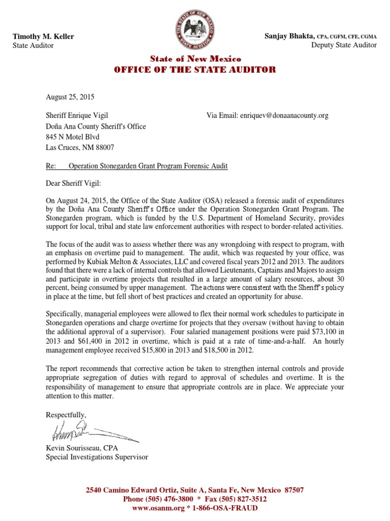 Doña Ana County Sheriff's office Operation Stonegarden Audit Overtime