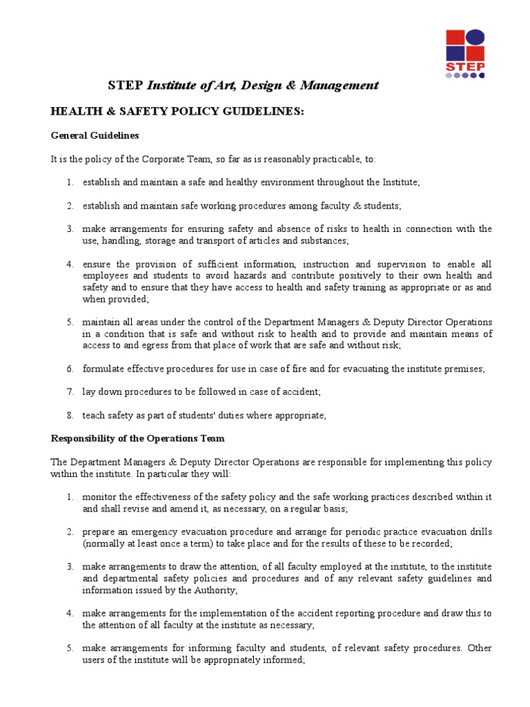 STEP Institute Health & Safety Guidelines | PDF | Occupational Safety ...