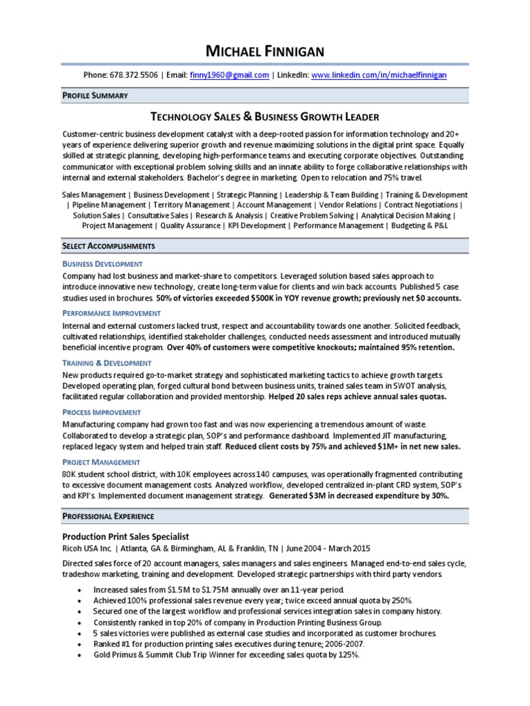 Production Print Sales Specialist in USA Resume Michael Finnigan PDF