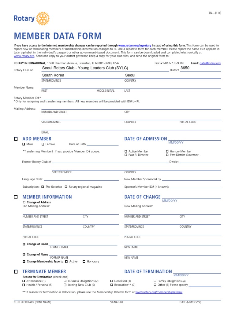 Seoul Rotary Club Member Application Form; Korean Email Address