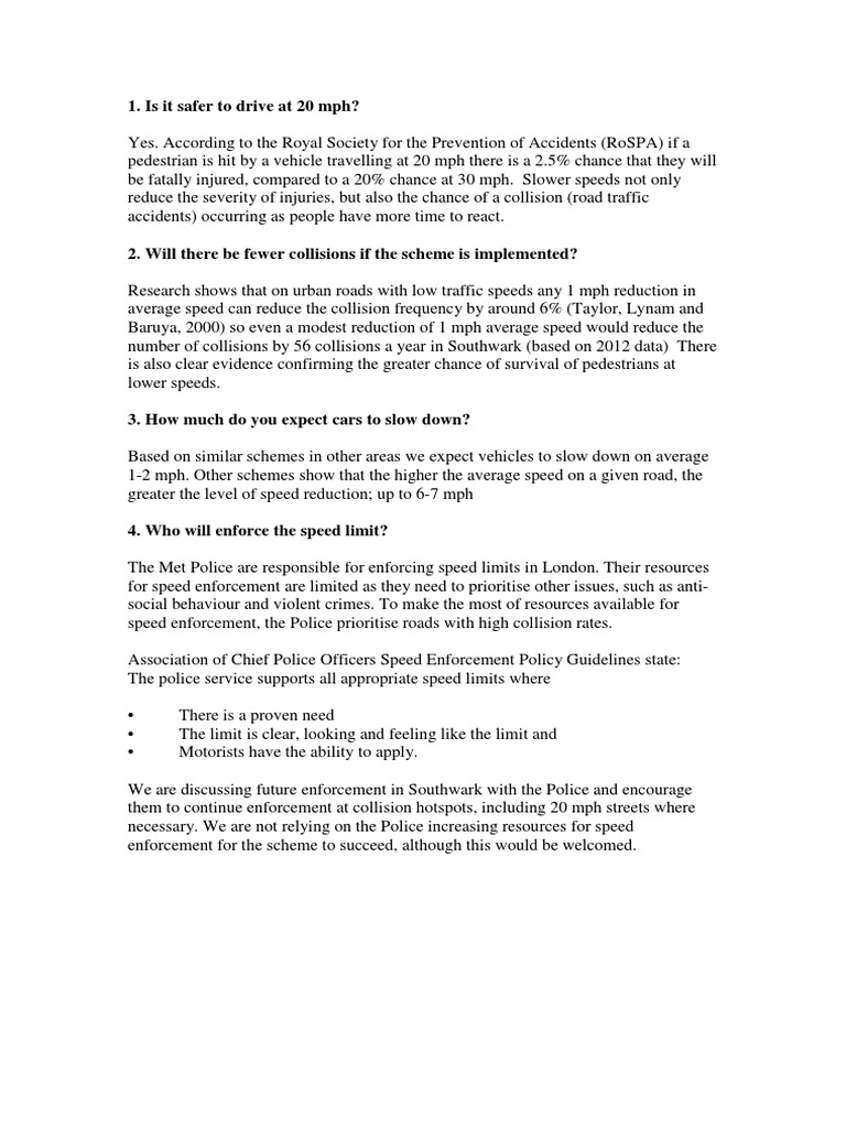 Benefits of 20 mph Speed Limits in Southwark | PDF | Speed Limit | Road ...