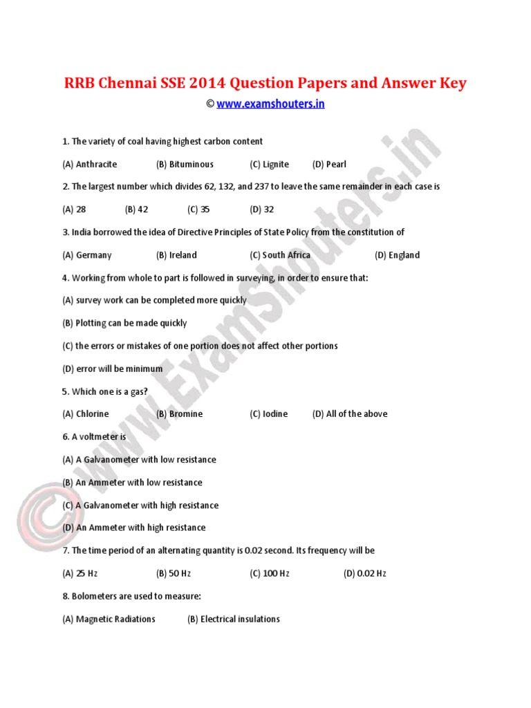 RRB Chennai SSE 2014 Question Papers and Answer Key | PDF | Carbon ...