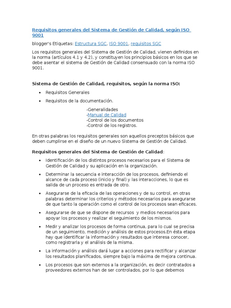 Requisitos Generales SGC según ISO 9001 | PDF | Sistema de manejo de ...