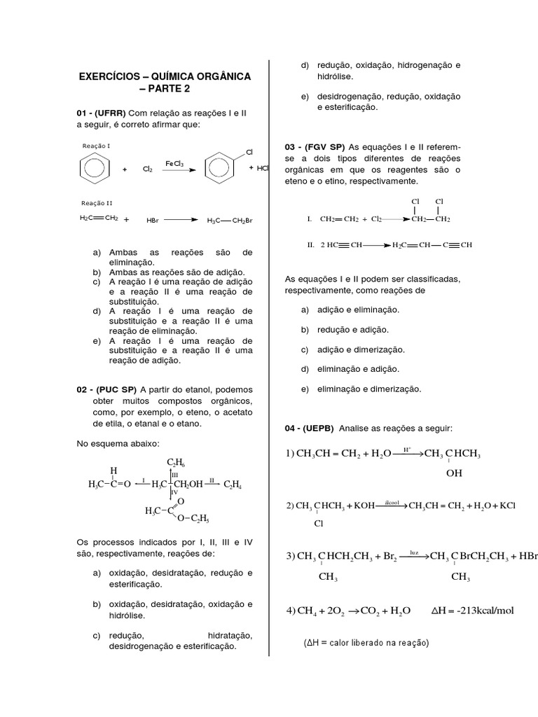 Exercícios - Reações Orgânicas | PDF | Reações químicas | Hidrogênio