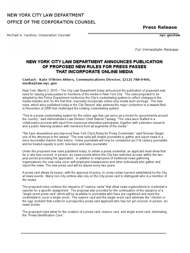 New York City Law Department Office of PDF Law Firm Mass Media