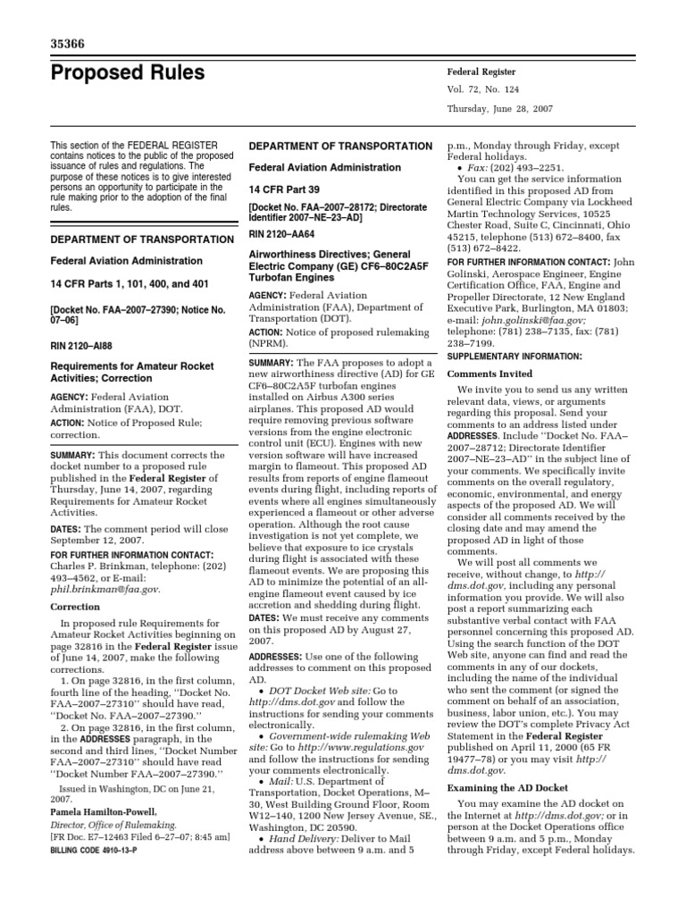 Proposed Rule Air Traffic and General Operating Rules Amateur Rocket
