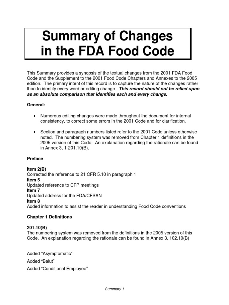 Summarry of Changes in FDA Food Code 2005 Hazard Analysis And