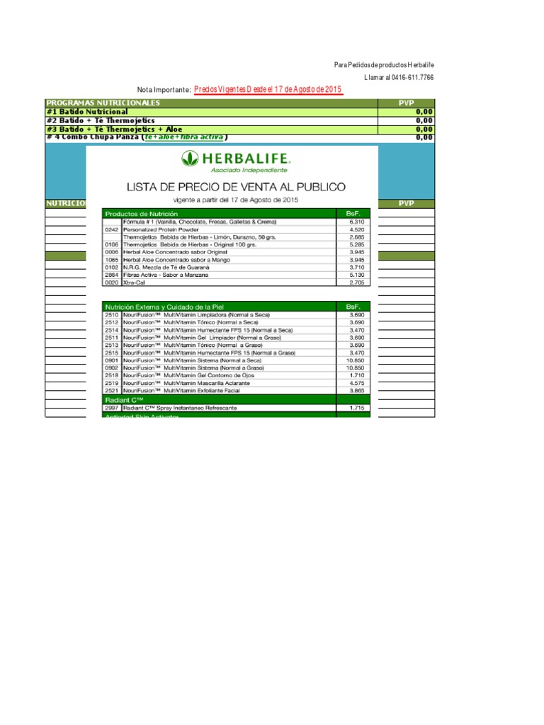 Lista de Precios Herbalife Venezuela Nutrición Dieta y nutrición