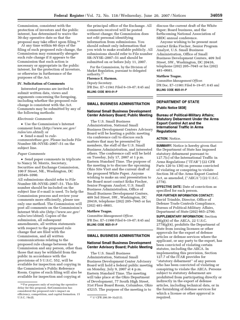 Notice Arms Export Control Act Persons convicted of violating or