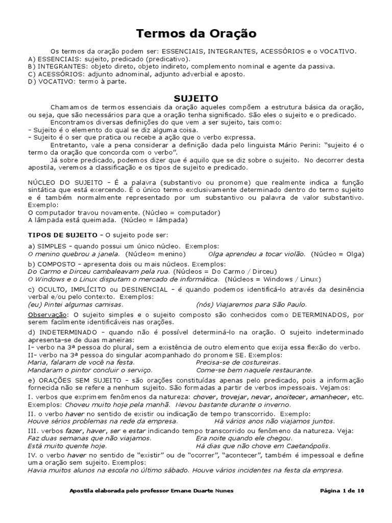 Exercicios Termos Essenciais Da Oração Sujeito E Predicado