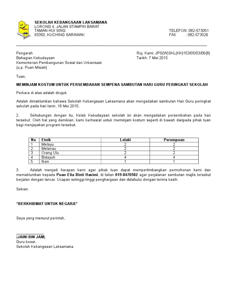 Surat Mohon Pembelian Baju Tarian