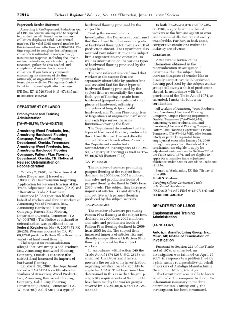 Notice Adjustment Assistance Applications, Determinations, Etc. Armstrong Wood Products, Inc