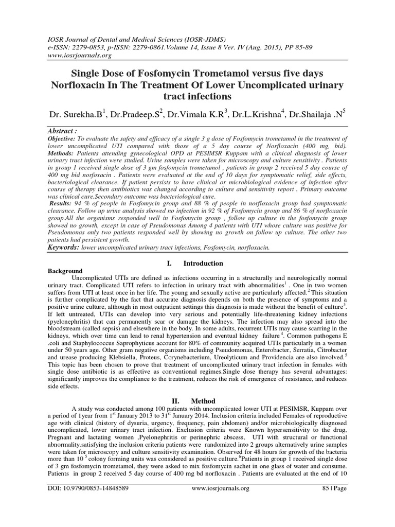 Single Dose of Fosfomycin Trometamol Versus Five Days Norfloxacin in The Treatment of Lower
