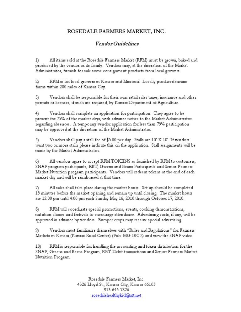 Rosedale Farmers Market Vendor Guidelines | PDF | Farmers' Market ...
