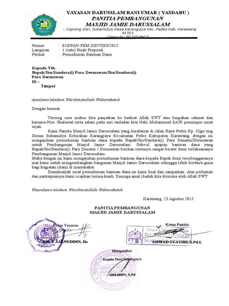 Contoh Surat Permohonan Bantuan Dana Pembangunan Masjid