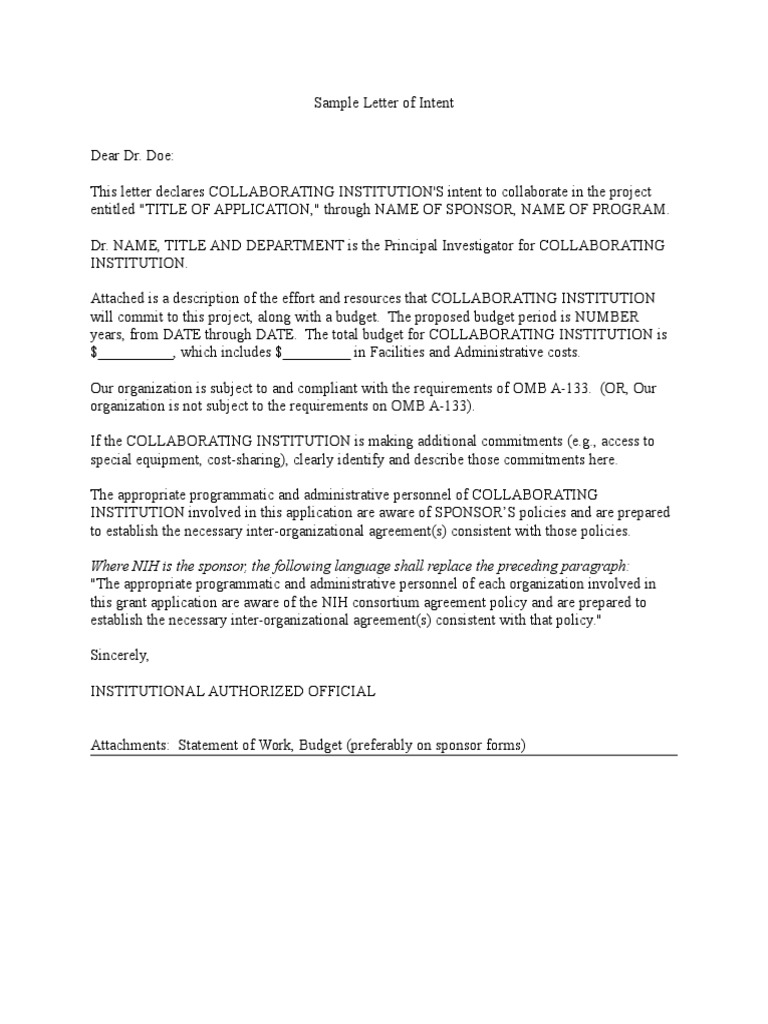 Sample Letter Of Intent Pdf