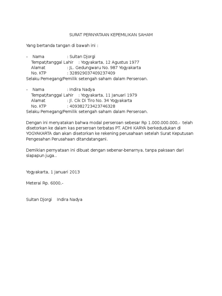 Contoh Surat Pernyataan Kepemilikan Saham