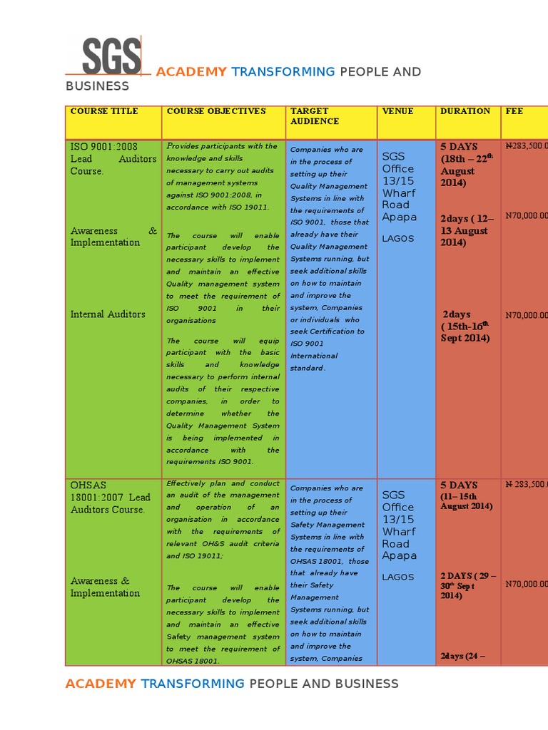 Sgs Training Calendar QTR 3 2014 PDF Iso 9000 Audit