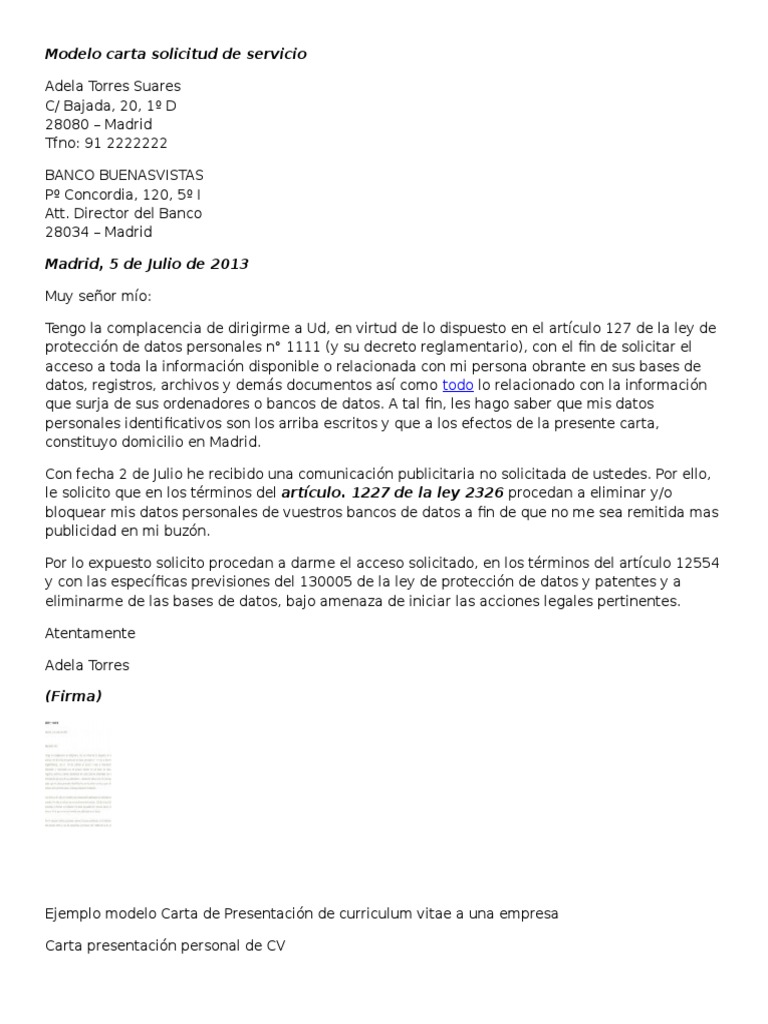 Modelo Carta Solicitud de Servicio