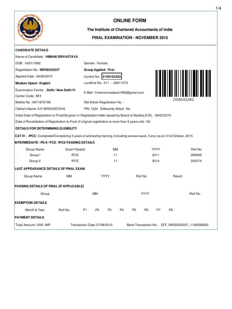 Online Form The Institute of Chartered Accountants of India Final