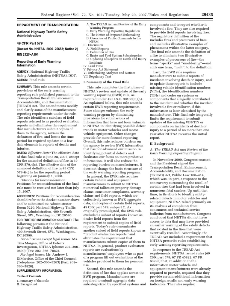 Rule Motor Vehicle Safety Standards Transportation Recall Enhancement