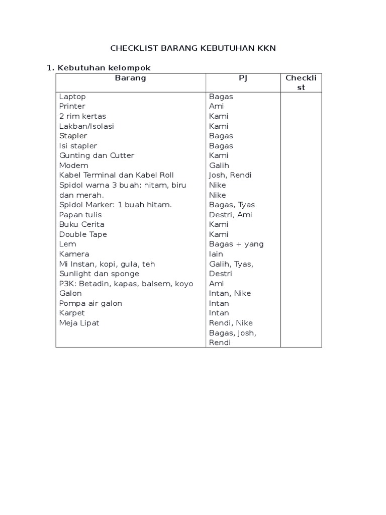 Checklist Barang Kebutuhan KKN | PDF