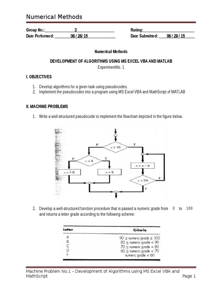 Experiment No. 1 - Development of Algorithm Using MS Excel and MATLAB ...