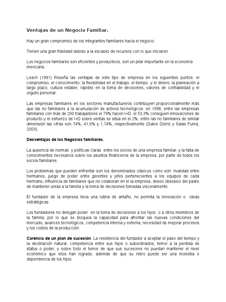 Ventajas y Desventajas de Un Negocio Familiar | PDF | Planificación ...