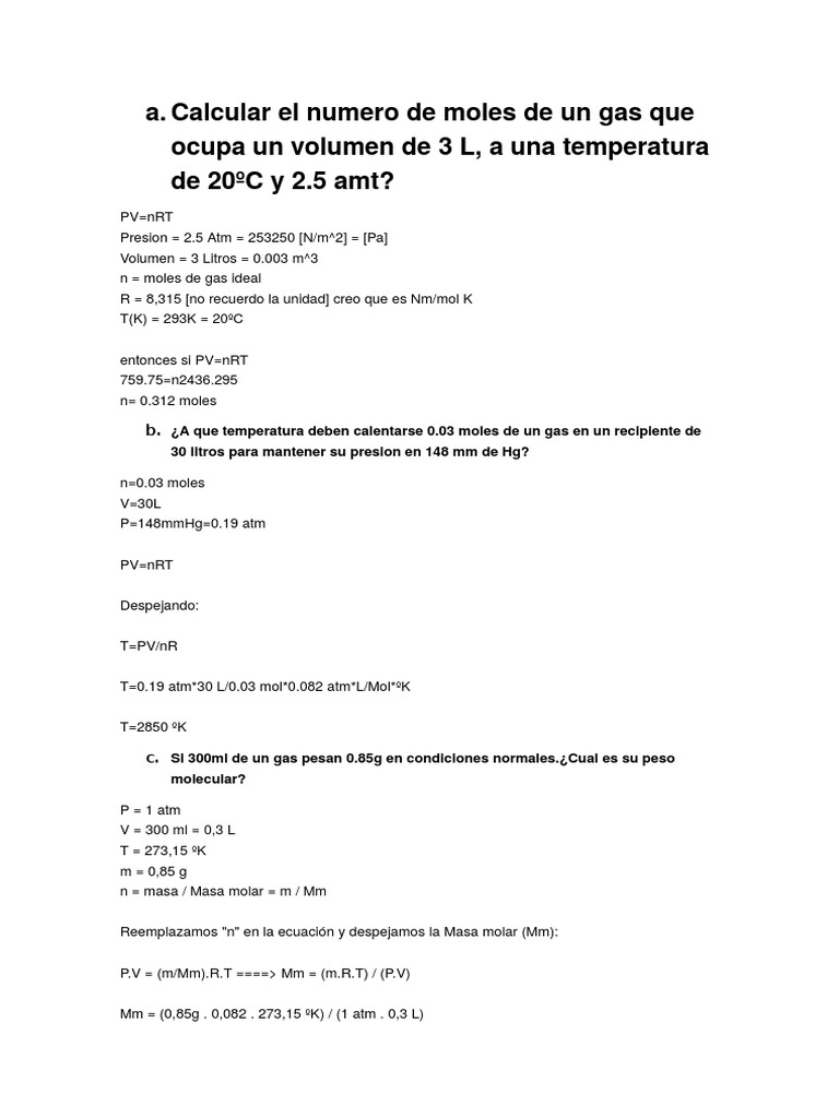 Cálculos de Gases Ideales y Propiedades | PDF | Gases | Mole (Unidad)