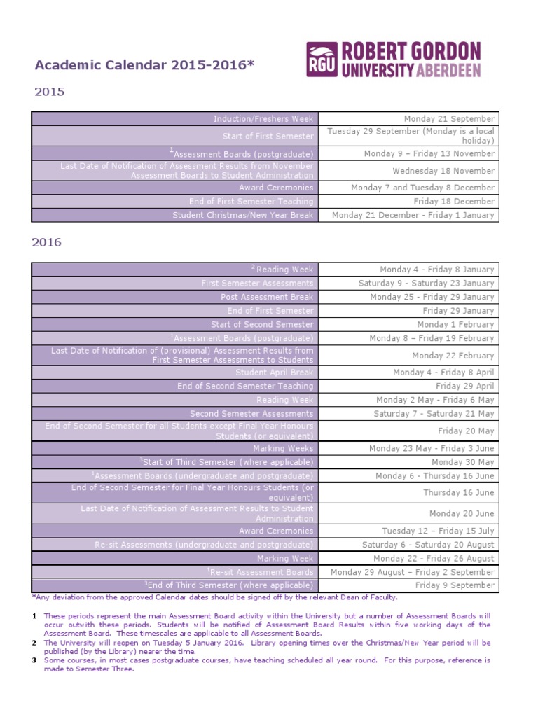 RGU Academic Calendar 20152016 PDF Academic Term Postgraduate