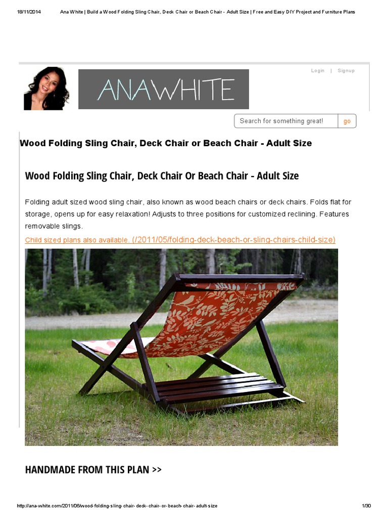 Ana White Build A Wood Folding Sling Chair Deck Chair or Beach Chair Adult Size Free and Easy DIY Project and Furniture Plans PDF Chair Screw