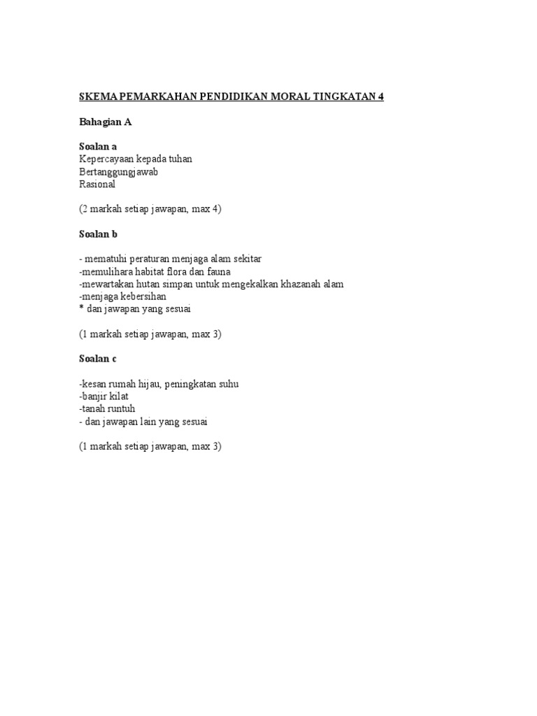 Skema Pemarkahan Pendidikan Moral Tingkatan 4 Pdf