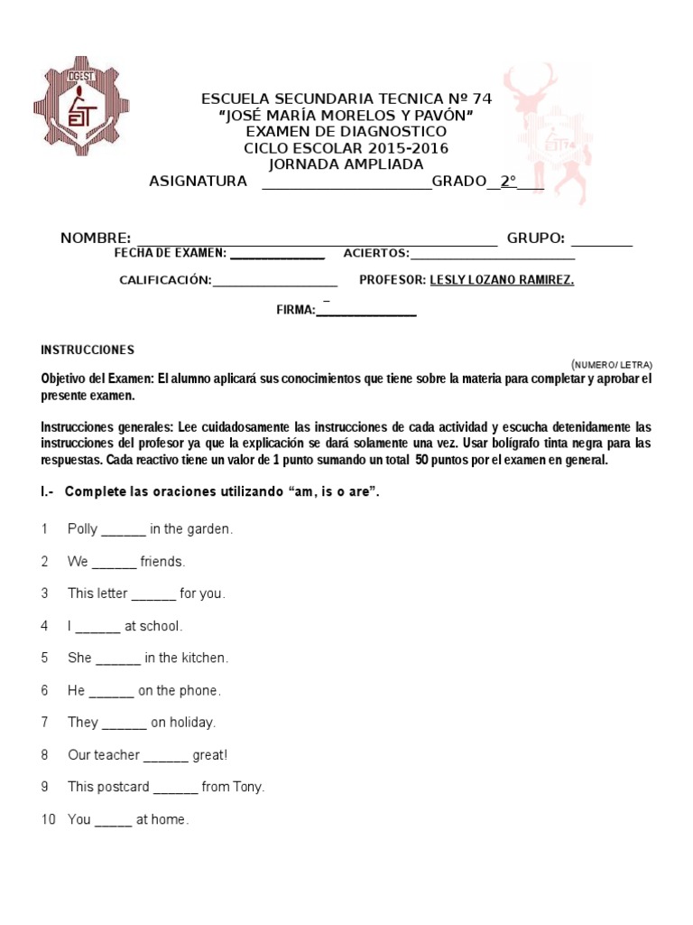 Examen de Inglés Segundo Grado | PDF