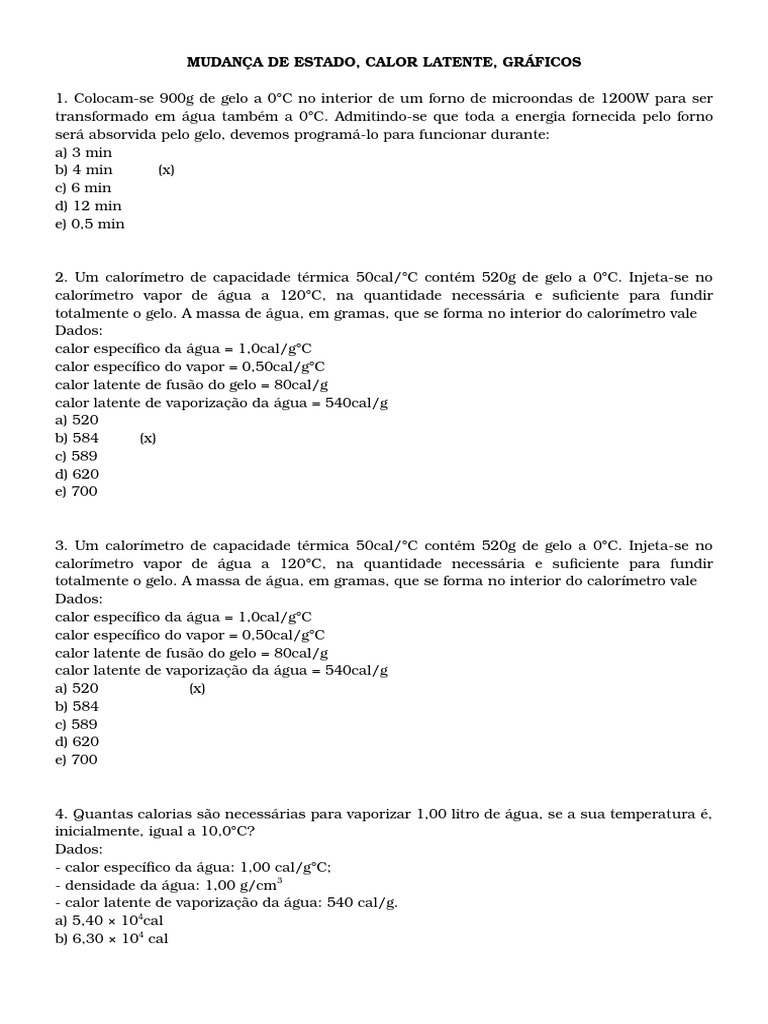 Exercícios de Calorimetria e Mudança de Estado | PDF | Calor ...