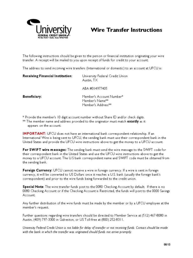 UFCU Wire Transfer Instructions | PDF | Finance & Money Management | Social  Science