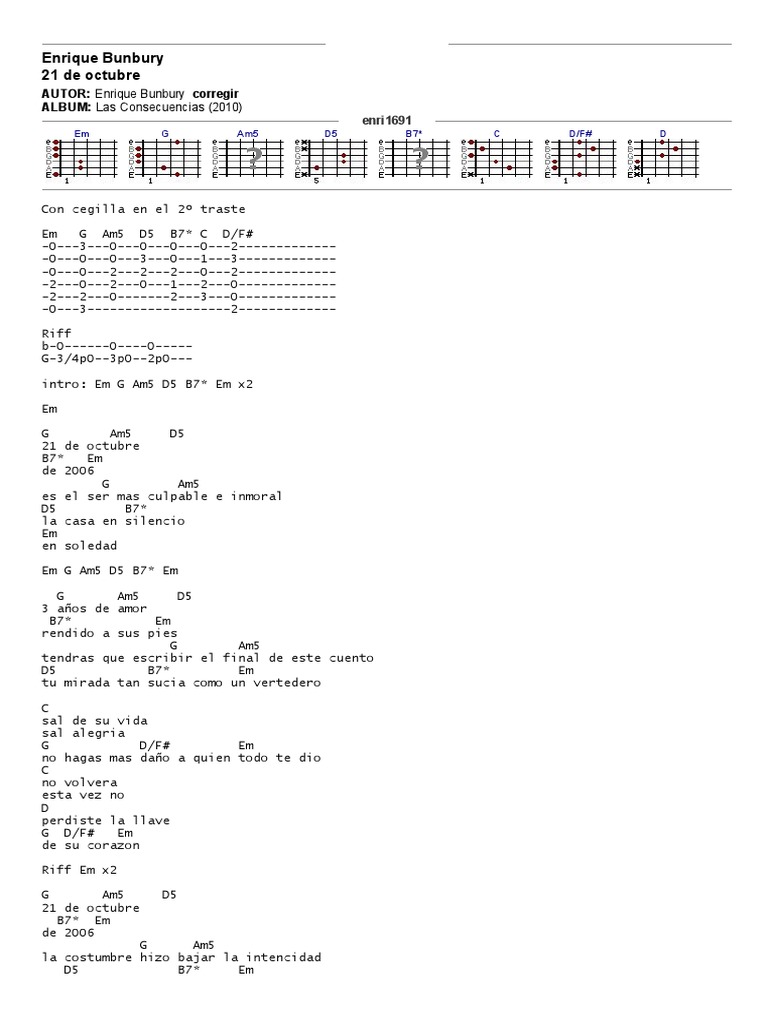 Enrique Bunbury 21 De Octubre Letra Y Acordes