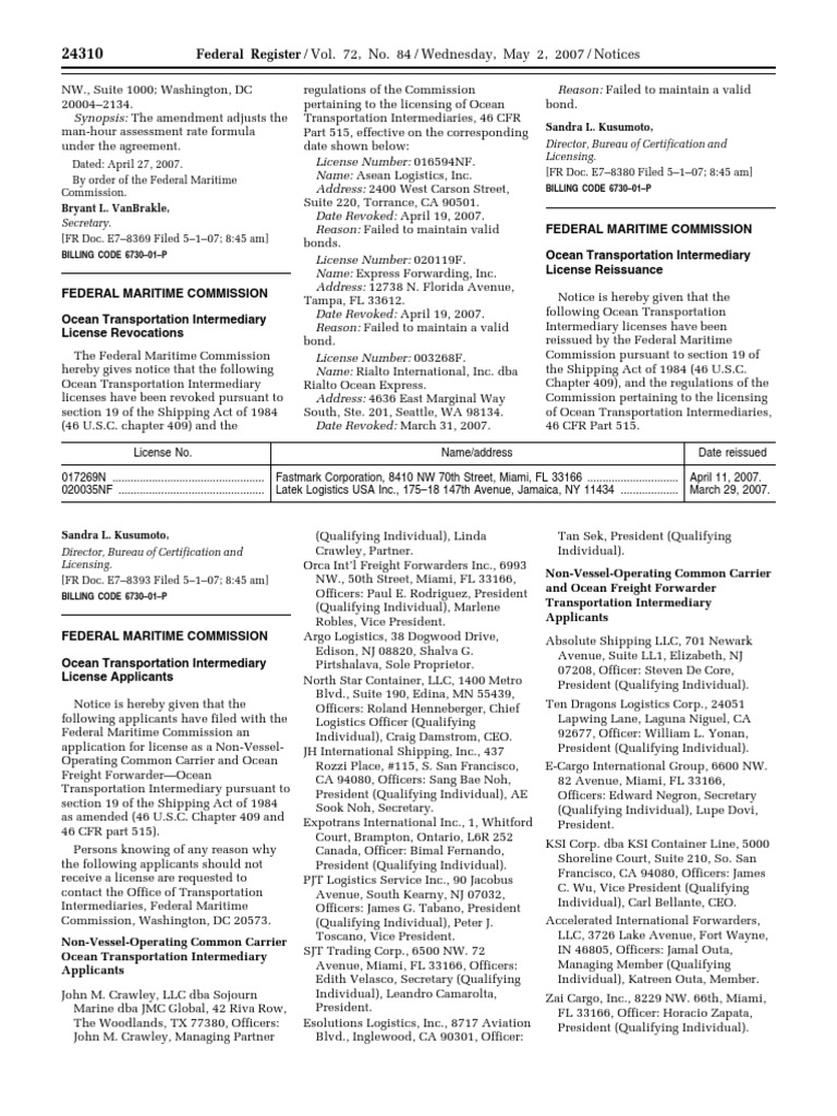 Ocean Transportation License Updates | PDF | Federal Reserve | Board Of ...